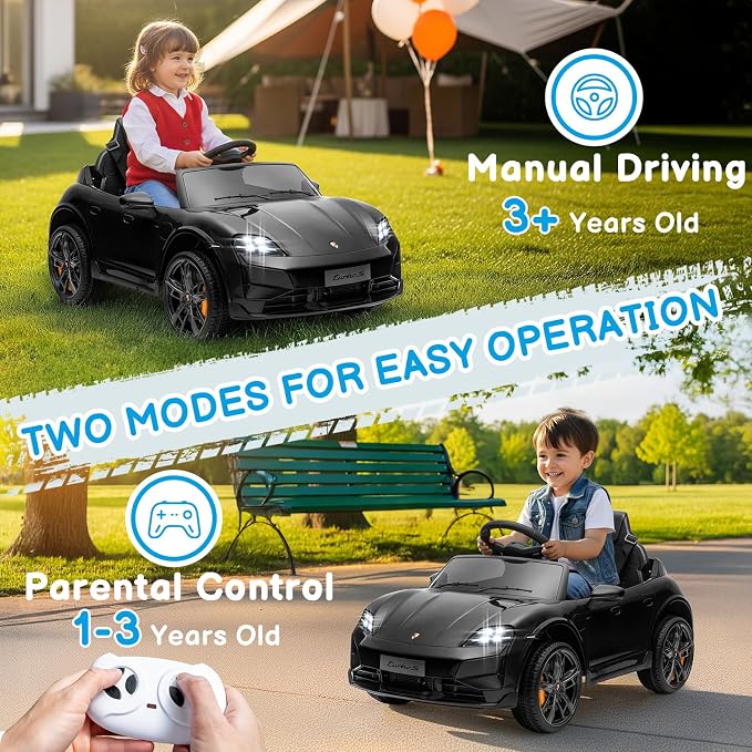 Winado 12V Kids Ride on Car, Licensed Porsche Taycan Electric Car for Toddlers, Battery Powered Ride on Vehicle W/Remote Control, with Bluetooth, 3 Speeds, LED & Rear Lights, Music & Horn (Black)