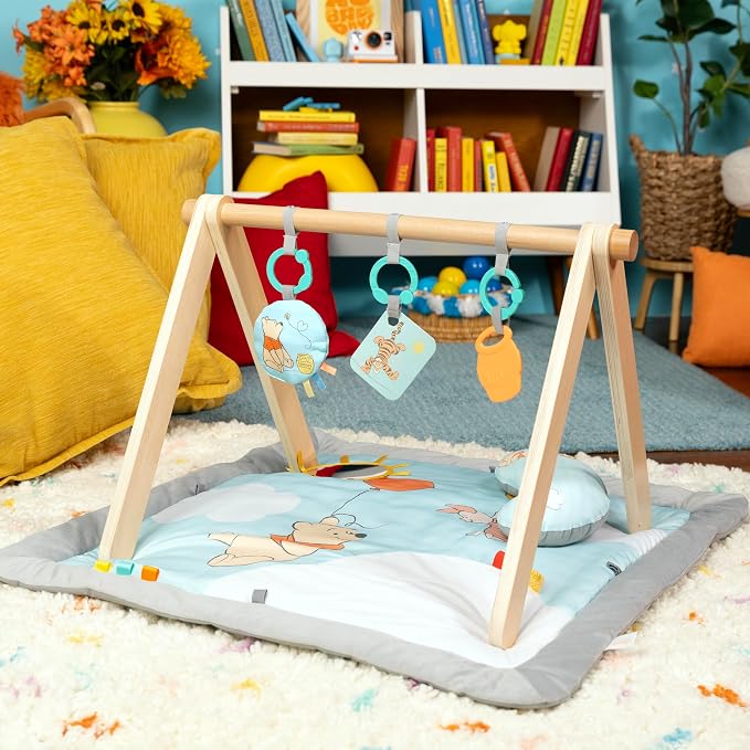 Bright Starts Disney Winnie THE Pooh Once Upon a Tummy Time Baby Play Mat, Tummy Time Mat and Play Gym, Blue, Newborn