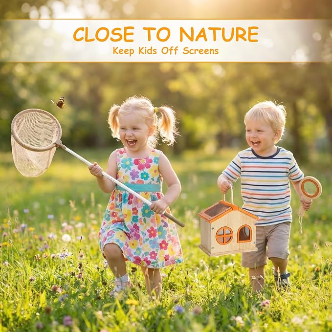 SainSmart Jr. Bug Catcher for Kids - Wooden Bug Habitat with Magnified Viewer, Butterfly Net, Observation Box, Tweezers & 15 Cards, Outdoor Toys & STEM Toys for Boys & Girls Ages 3+, Orange