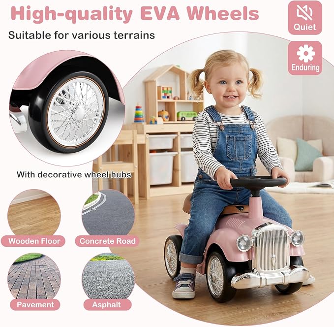 Costzon Ride On Push Car for Toddlers, Classic Kids Foot-to-Floor Sliding Car With Steering Wheel, Horn & Under Seat Storage, Ride On Toy for Boys Girls 18-36 Months (Pink)