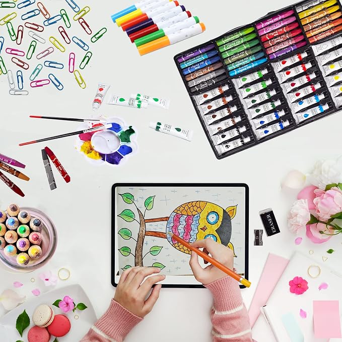 KINSPORY Art Sets, 139 Pack Painting Drawing Art Supplies Kit with 2 Sketch Pads, Deluxe Double Layers Crafts, Colored Pencils, Oil Pastels, Watercolor Paints, Gift for Artists Kids (Brown)
