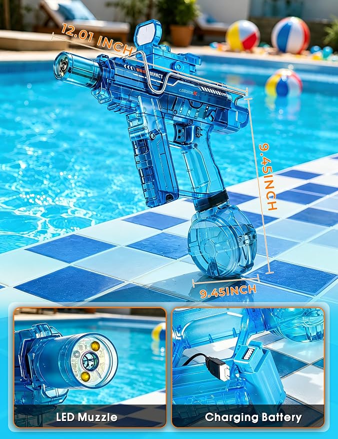 Electric Water Gun 2 Pack,Rechargeable,Automatic SMG Squirt Watergun,Outdoor Toy,Summer Battle Game Childs Gift,Long Range,Super Powerful LED Blaster Electric Water Guns for Adults Kids