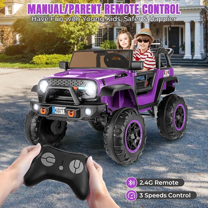 Hikole 24 Volt 4WD/2WD Switchable Ride on Toy Car, 2 Seater Battery Powered Car for Big Kids with Remote Control, 4X100W Power Car Wheels for Girls, Music, 20" Wide Seat, LED Lights -Purple