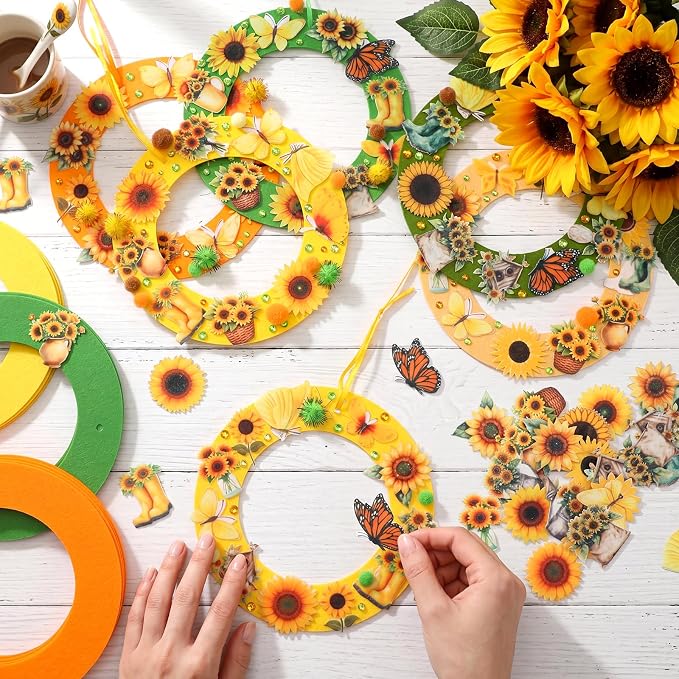 Wavwavw 704 Pcs Summer DIY Craft Kits Summer Wreath Hanging Ornaments Sunflower Craft Kit Wreath Arts Decorations with Butterflies House Boots Felt Stickers for Party Activities Home Decor