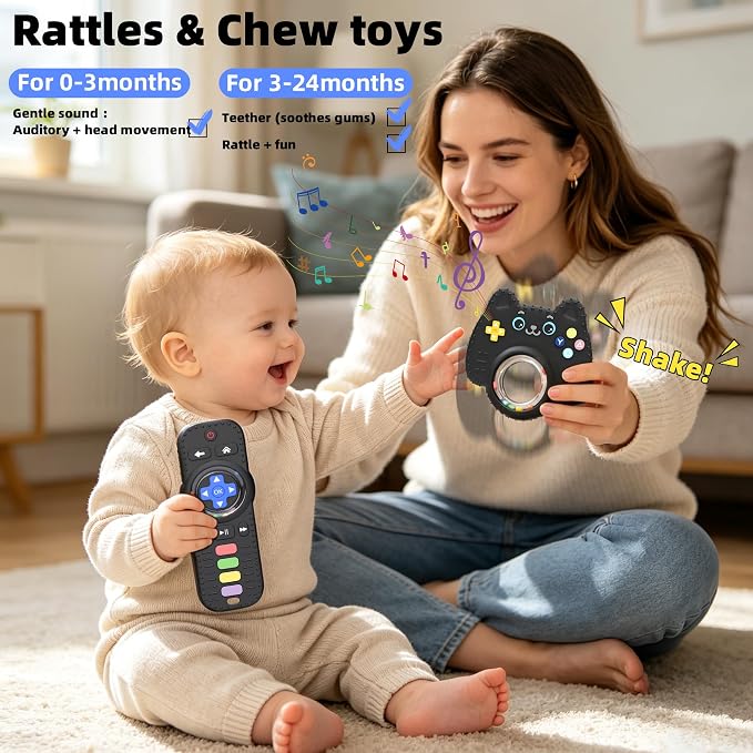 Chuya Baby Toys Baby Remote Control Teething Toys,2 Pack Silicone Teether Rattles for 0 6 12 24 Months Infants, Sensory Development Teething Relief,Black