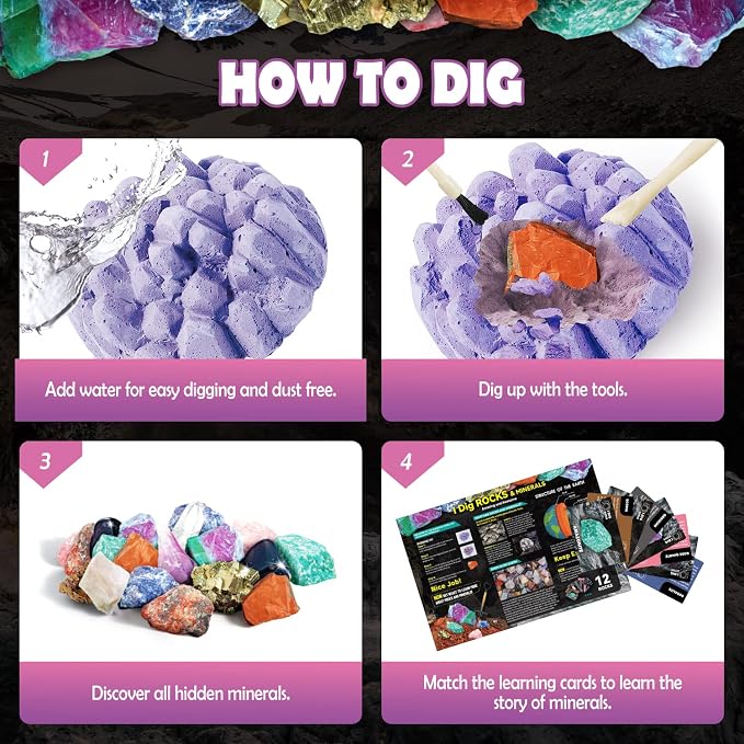 Gem Dig Kit for Kids – Dig Up 12 Real Gems & Rocks, Gemstone Dig Kit,Gem Mining Rock Dig Kit, Educational Excavation Toy Party Birthday Gift for Boys Girls Ages 6+