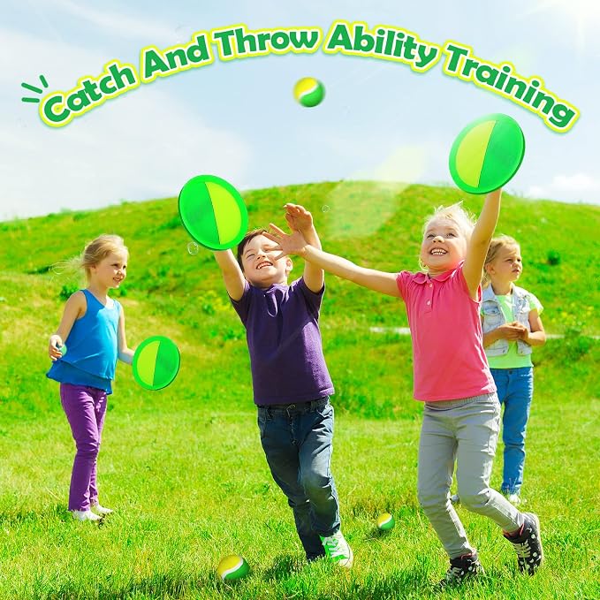 Charniol Kids Toys Toss and Catch Game Set Beach Game Outdoor Ball Sports Games Toss and Catch Ball Nylon Toys for Kids Adults(Yellow Green,12 Paddles 6 Balls)