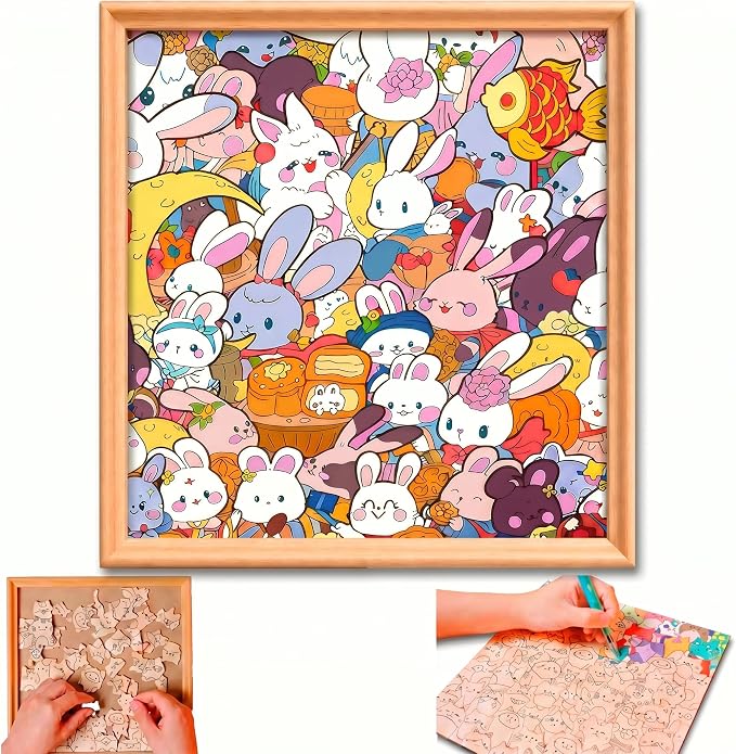 Wooden Rabbit Coloring Puzzle, 39-Piece DIY Kitties Jigsaw Craft with Frame and 12 Color Pens, Paintable Wood Board for Adults, Kids, Cat Lovers, Family Activity, Home Decor (Bunny)