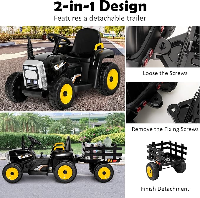 HONEY JOY Ride On Tractor with Trailer, 12V Electric Vehicle for Kids, 3-Gear-Shift Ground Loader, LED Lights, Horn, Music, Battery Powered Ride On Car with Remote Control, Gift for Boys Girls(Black)