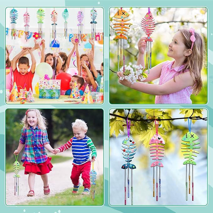 Fennoral 12 Pack Wind Chime Kit Spring Craft for Kids Wooden Arts and Crafts for Girls Boys Make Your Own Fish Craft Ornaments DIY Coloring for Summer Classroom Art Activities Birthday Party Gifts