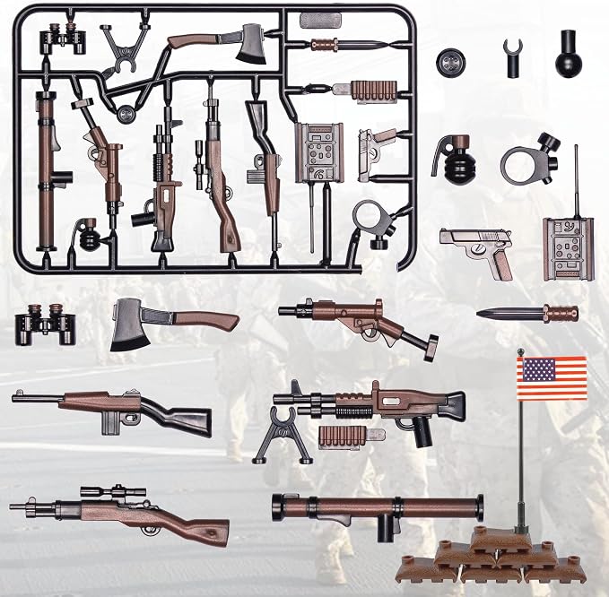36 Pcs Weapons Pack Military U.S Field Force Weapons Toy Set - Brown Weapons Accessories Weapon Battle Building Blocks Compatible with Major Brand, 3 Years Old and up
