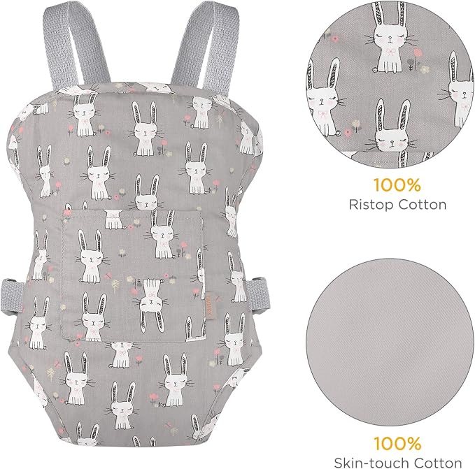 GAGAKU Baby Doll Carrier for Little Girls, Reborn Doll Accessories for Toddlers 3+, Kids Toy Baby Dolls Sling Carrier - Gray - Rabbit
