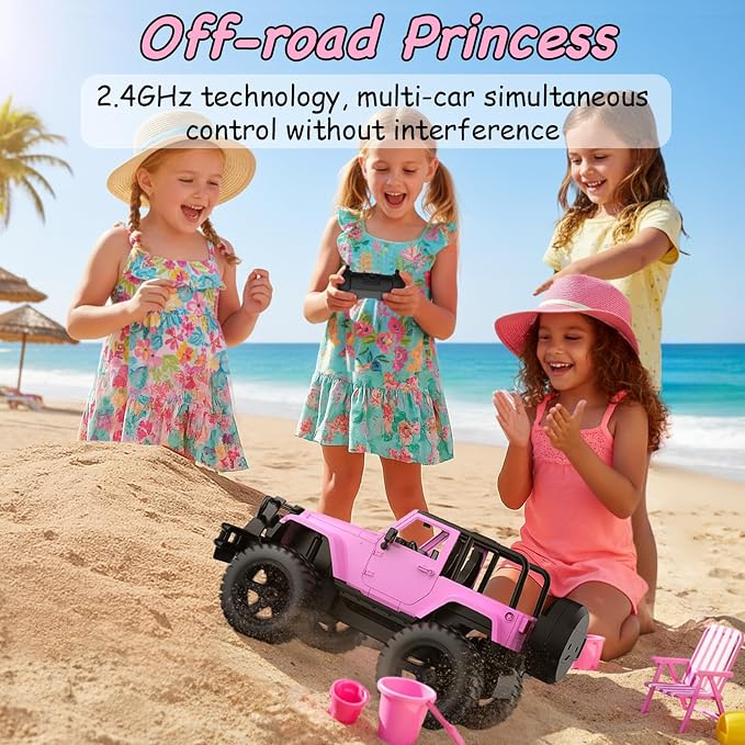 DOUBLE E Jeep Licensed 1:14 Scale Pink Remote Control Car for Girls with 2*DIY Stickers, Open-top Design RC Jeep, 80Min Play 2.4Ghz Off Road RC Trucks with LED Lights, Birthday/Xmas Gifts for Girls 6+