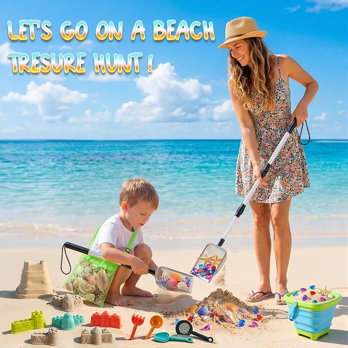 Beach Sand Toys Set with 2 PCS Adjustable Sand Sifter, Collapsible Beach Bucket,Sandbox Shovels,Sand Castle Kit,Diving Gem,Seashell Bags,Sand Sifter Shell Scooper Beach Essentials for kids 3-12