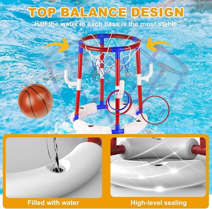 Taotuo Red Floating Pool Basketball Hoop, 2-in-1 Basketball & Ring Toss Game with 4 Balls, 6 Rings&Pump, Summer Pool Toys Outdoor Water Fun Family Party for Age 3-12