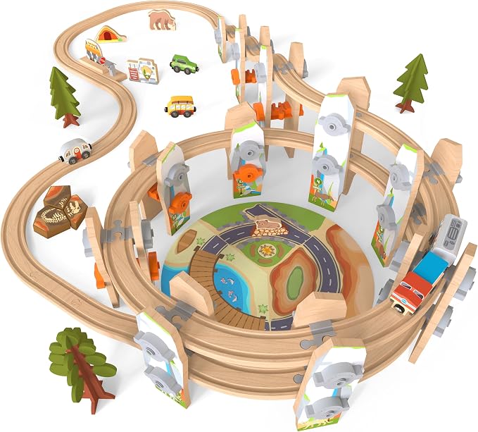 Wooden Train Set 141 Pc Build and Play Elevated Track System STEAM Accredited National Park Animal Railway Multi Level Spiral STEM Toy Gift for Grandkids Kids Toddlers Compatible Thomas Brio Railway
