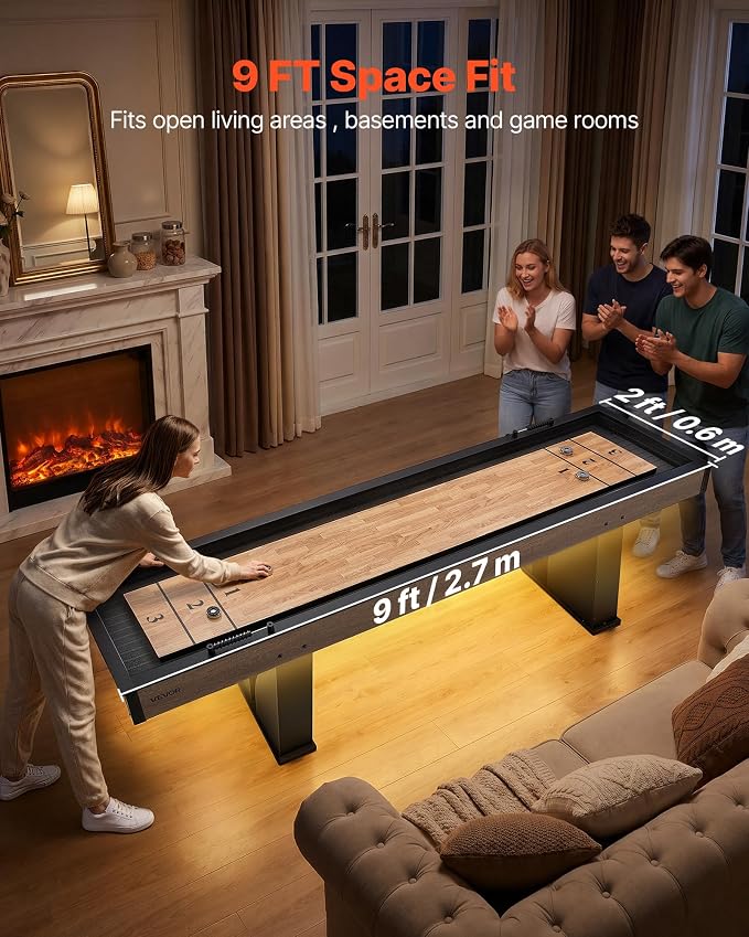 VEVOR 7ft 9ft 12ft Shuffleboard Table 2 in 1 Shuffleboard and Bowling Combo Set, Shuffle Board with Scratch-Resistant Playfield, Pucks, Bowling Set, Wax, Brush for Family Game Rooms