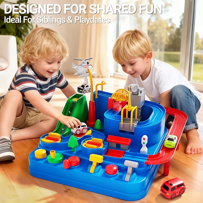 Toys for 3 Year Old Boys, Large City Adventure Car Race Track for Toddlers, STEM Montessori Playset with 4 Cars & Helicopter, Educational Learning Toy, Birthday Christmas Grandkids Gifts