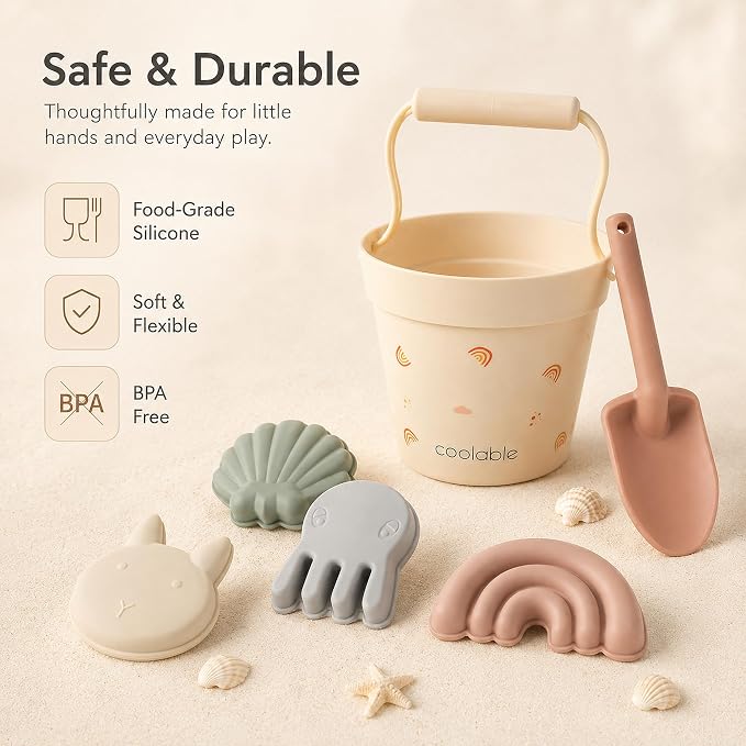 6-Piece Silicone Beach Toys Set for Kids - Foldable Sand Bucket, Shovel, 4 Sand Molds and Mesh Bag - Rainbow