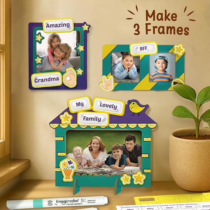 Imagimake DIY Wood Art Photo Frame | 45+ Foam Stickers | Glitter Glue | 8 Year Old Girl Gifts & Boys Gifts | Art Set for Kids Ages 5-8 | Wooden Painting Crafts for Kids Age 5,6,7,8 & Above