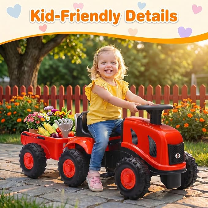 Kids Ride on Tractor, 2 in 1 Foot to Floor Push Car w/Detachable Trailer, Horn, Rake & Shovel, No Power Sliding Toy Gift for Toddlers, Outdoor Ride on Construction Vehicle (Red)