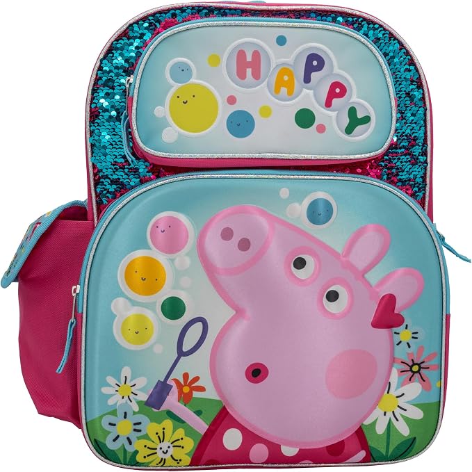 AI ACCESSORY INNOVATIONS Peppa Pig 16” Backpack, Girls Travel Bag Featuring Flip Sequins & 3D Molded Satin Front Zip Pocket, Pink