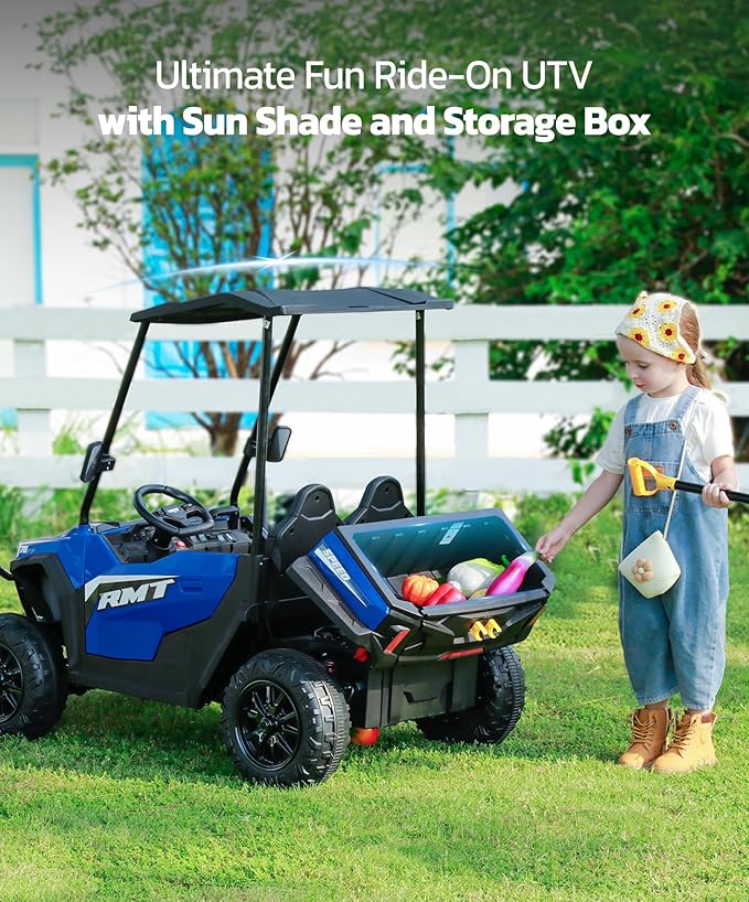 ELEMARA 24V Ride on Toy for Big Kid,Ride on Car 2 Seater w/Sun Shade,Dump Bed & Shovel,4.5MPH,4WD Electric Car for Kids,Battery Car w/Remote,Kids Ride on Truck,3 Speed,LED Lights,Bluetooth, Sapphire