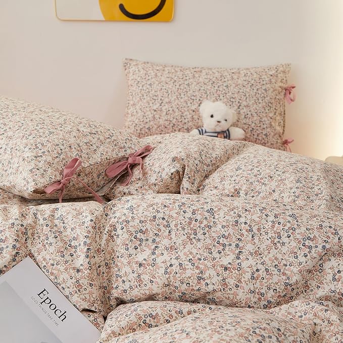 Pink Floral Comforter Set Twin XL, Aesthetic Botanical Flowers Comforter with 2 Bow Ties Pillowcases, Lightweight Cute Girls Floral Bedding Comforter Vintage Cottagecore Comforter Set for All Season
