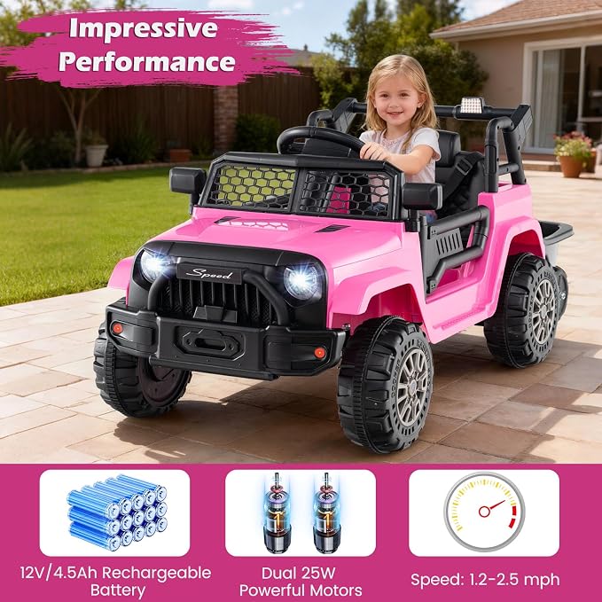 Costzon Ride on Car with Detachable Trailer, 12V Battery Powered Ride on Truck with Parent Remote Control, Light & Music, Electric Vehicle Kids Car Toy for Boys & Girls (Pink)