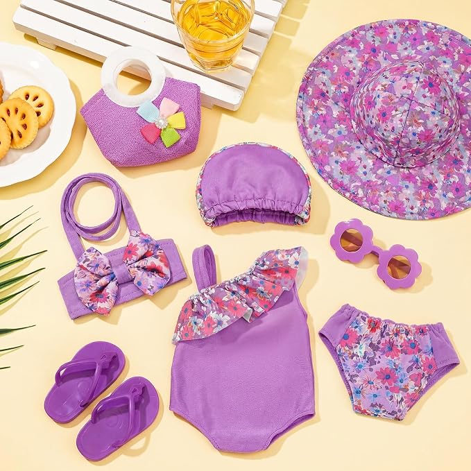 Kajaia 8 Pcs Lavender Purple 18 Inch Doll Clothes and Accessories Doll Swimsuit Dress Flip Flops Hat Outfit Swimsuit Accessories