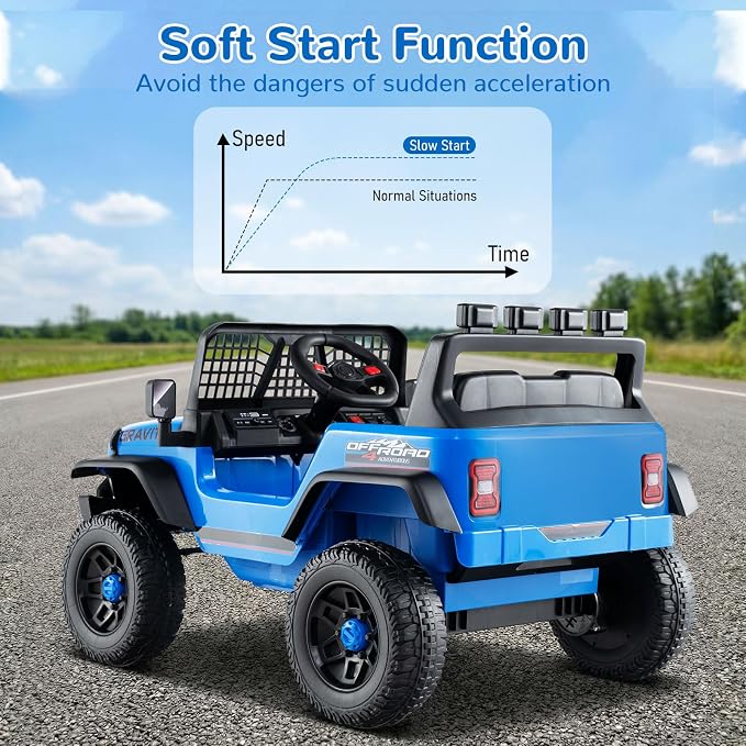OLAKIDS 24V Ride on Car with Remote Control, Bluetooth, LED Lights, Horn, Spring Suspension, High/Low Speeds, Soft Start for Kids Aged 3+ (Blue)