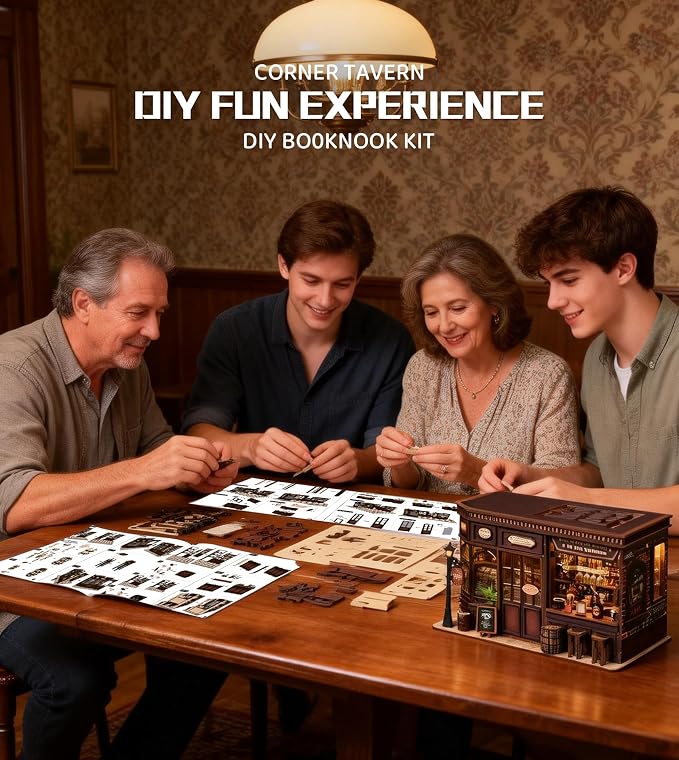 Roroom DIY Miniature House Kit, Vintage Corner Tavern Dollhouse Kit | Wooden 3D Puzzles for Adults with LED, Bookshelf, Desk and Bedside Room Decor, Relaxing Craft Project, Creative Gift