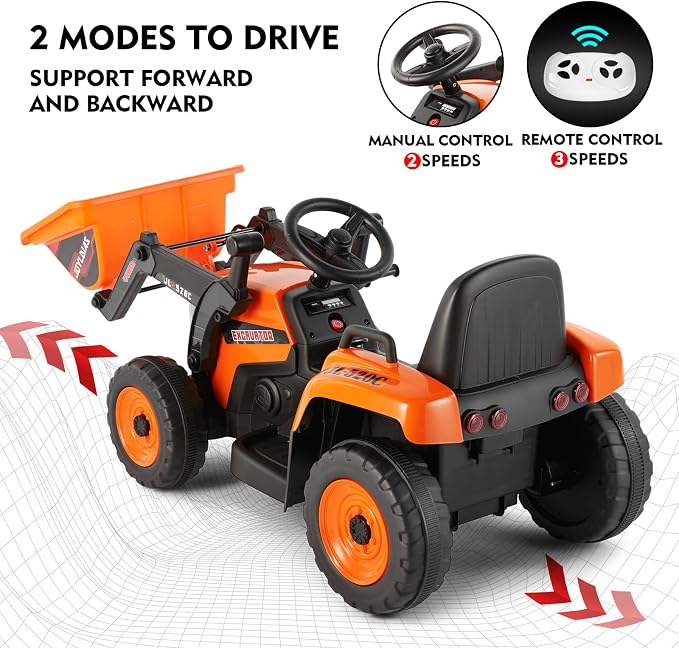 JOYLDIAS Ride On Excavator, 12V Electric Construction Vehicle Bulldozer/Tractor for Kids Digger with Remote Control, 3 Speeds, Bluetooth, Music, Lights, Orange