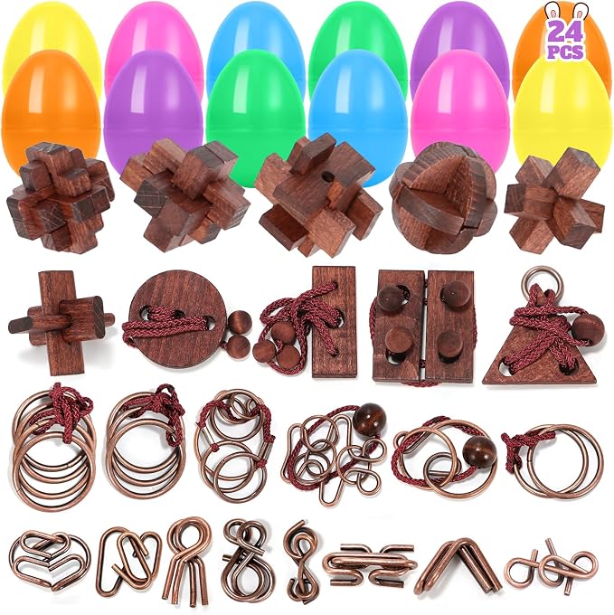 24 Pcs Brain Teaser Puzzles for Adults and Teens - Metal Puzzles 3D Puzzle Game Toys for Adults Teens - Wooden Unlock Interlocking Puzzle Adult IQ Education Smart Toys