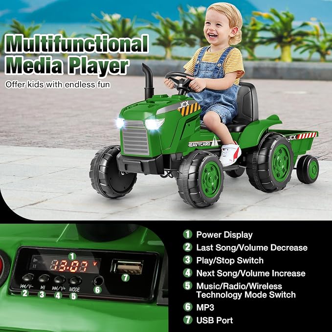 Costzon 2-in-1 Ride on Tractor, 12V Kids Ride on Car w/Detachable Trailer, Remote Control, Wireless Connection, Horn, Music/Lights/Spring Suspensions, Tractor Toys for Kids (Plastic Tires, Dark Green)