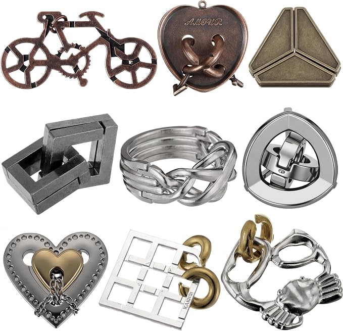 Wettarn 9 Pcs Metal Brain Teaser Puzzles 3D Steel Puzzle Set for Adults IQ Logic Challenge Disentanglement Unlock Interlocking Games Smart Logic Test Toys for Adults Mind Challenge(Charming Style)