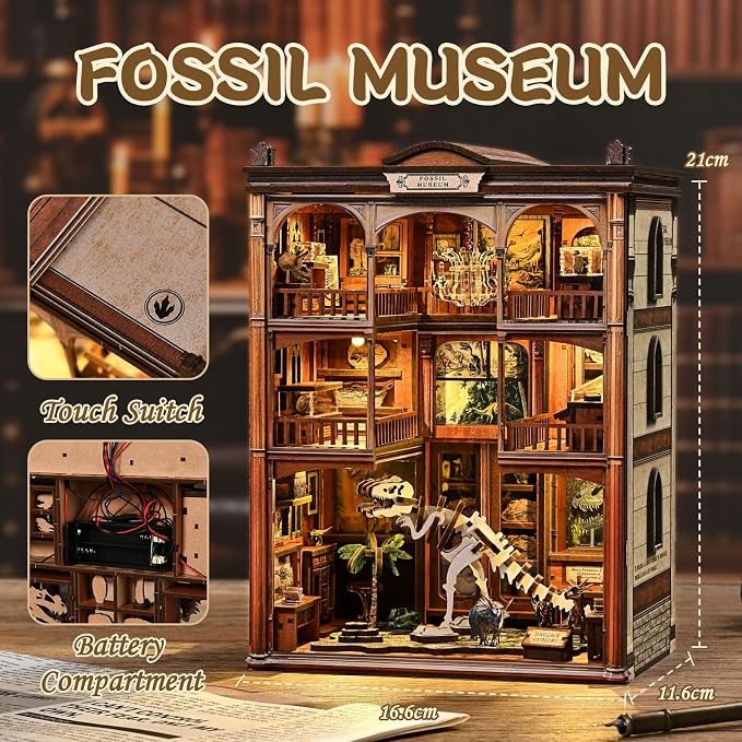 Book Nook 3D Wooden Puzzle Mini Building Kit DIY Dollhouse Diorama, Miniature Bookshelf Decor Unique Gift for Family and Friends - Fossil Museum