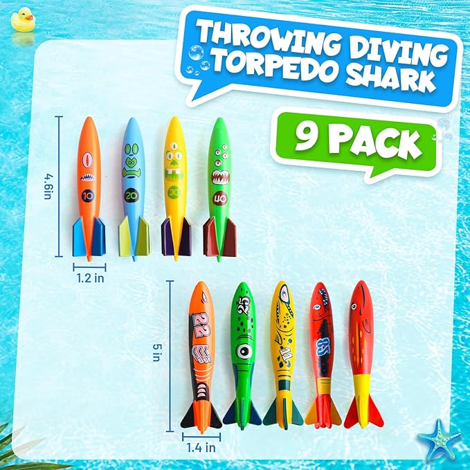 Dive Rings Pool Toys Adults, 9 Pcs Diving Pool Toy for Kids Ages 4-8, Shark Torpedo Dive Set, Octopus Toddler Water Fun Toys, Summer Essentials Underwater Swimming Throwing Gifts for Boys & Girls