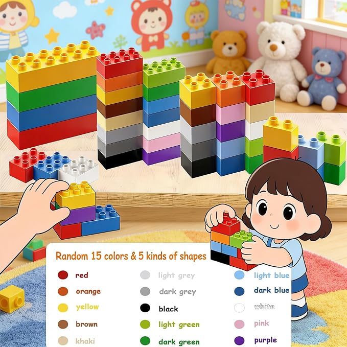 Building Blocks Set for Kids with Baseplate Big Building Bricks 101Pcs Classic Bulk Sensory Toy for Kids Toddlers Boys Girls 15 Random Colors Birthday Gift Compatible with Lego All Major Brand