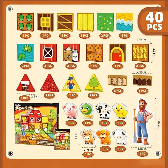 GobiDex Magnetic Tiles with Farm Animals Building Blocks, STEM Sensory Toys for Indoor, Outdoor, and Travel Play, Educational Magnet Toy Gift for Preschool Kids Ages 3-5, 4-8