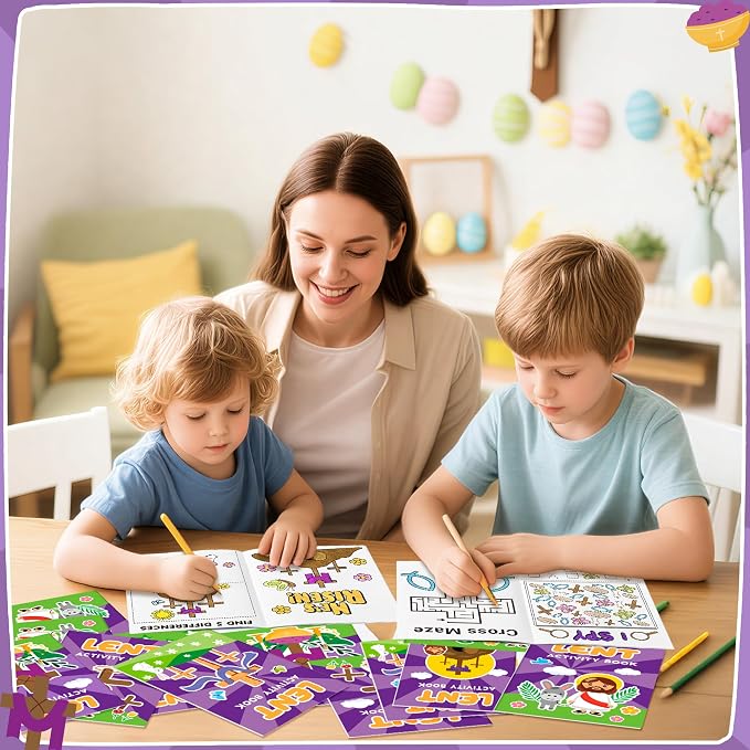 Easter Lent Activity Books for Kids - 24Pcs Christian Lent Mini DIY Games Coloring Book Set Bulk Mazes Word Search Word Scramble Games for Sunday School Classroom Easter Spring Holiday Party Favors