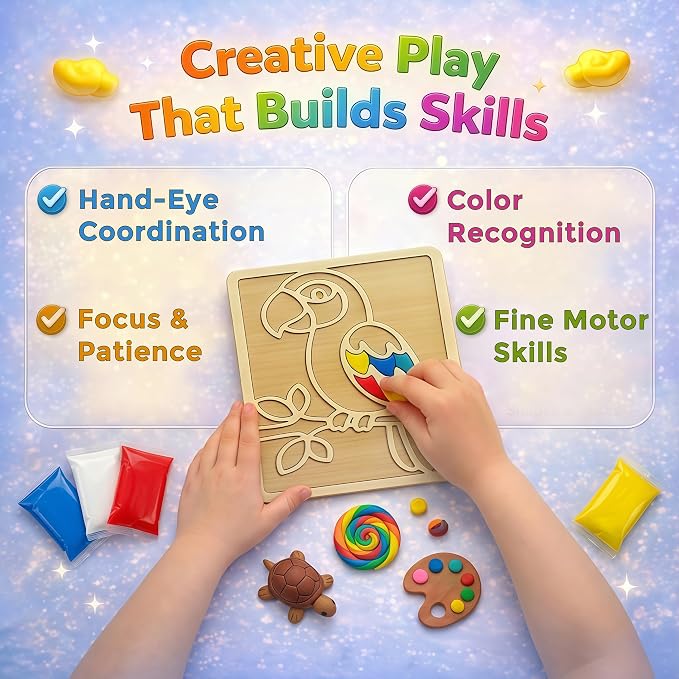 Air Dry Clay for Kids - Modeling Clay for Kids DIY Arts and Crafts Kit with 16 Soft Colored Magic Clay Bags & 2 Engraved Wooden Boards - Wooden Clay Picture Kit for Boys and Girls Ages 4-8