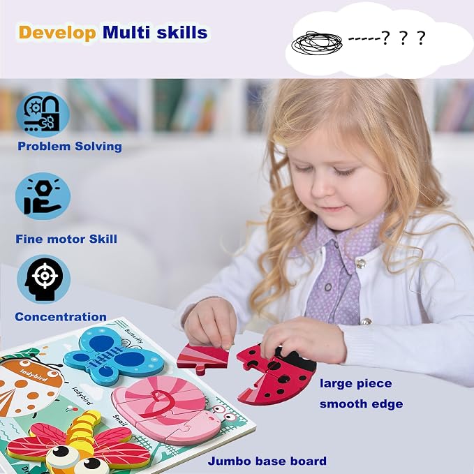 Wooden Chunky Jigsaw Puzzles for 18-24 Months Baby Toddlers Girls Boys Jumbo Base Puzzle Ages1-3 Popular Gifts for Toddler 1+ Year Old
