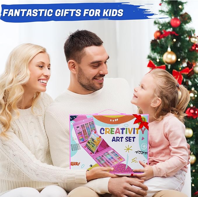 All in One Art Supplies, Art Kit Includes Origami & Paper-Cutting Crafts, Easel, Colored Pencils, Crayons, Drawing Book, Coloring Book, Watercolor Markers and More, Art Set for Kids Girls Boys, Pink