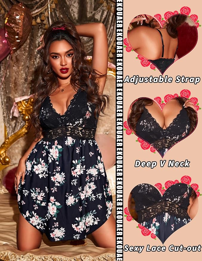 Ekouaer Lingerie for Women Sexy Nightgown Lace Trim Sleep Dress Chemise Nightgowns Sleeveless Night Gown Sleepwear S-3XL