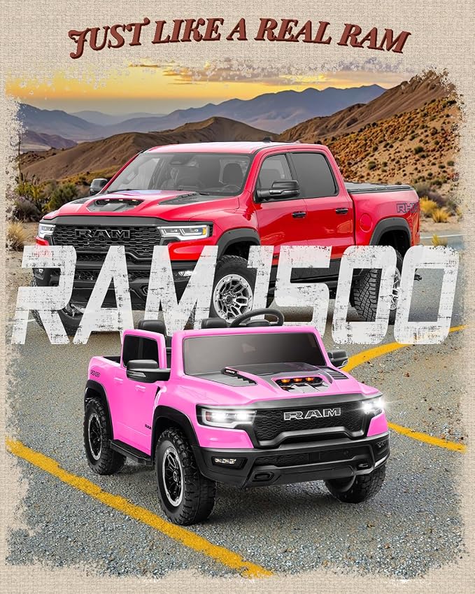 First Ride On 24V Ride On Toys for Big Kids, RAM 1500 RHO 2 Seater Ride on Car w/Remote, Battery Powered Truck w/ 4 Wheels Suspension, Toddler Car w/Bluetooth, LED Lights, Trunk