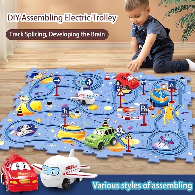 4 Year Old Boy Birthday Gift, Puzzle Racer Kids Car Track Set Puzzle Racer Car Track Set with Roadmap Puzzle Track Car Play Set Toys for 4 Year Old Boys (B-Dinosaur, set2-15PCS)