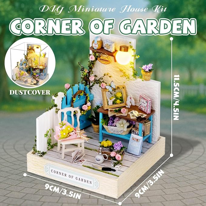 Kisoy Dollhouse Miniature with Furniture Kit, DIY 3D Wooden DIY House Kit with Dust Cover,Handmade Tiny House Toys for Teens Adults Gift(Corner of Garden)