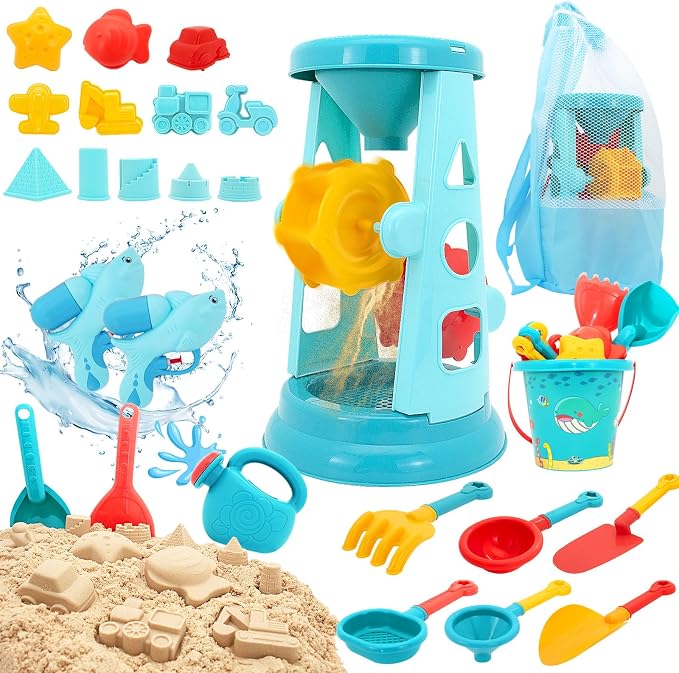 LUCKFUTURE Beach Toys, 25 Pcs Sand Toys Set for Kids Including Water Gun, Sifting Funnel, Bucket, Watering Can, Sand Molds & Mesh Beach Toy Bag, Sandbox Toys for Toddlers 3-12