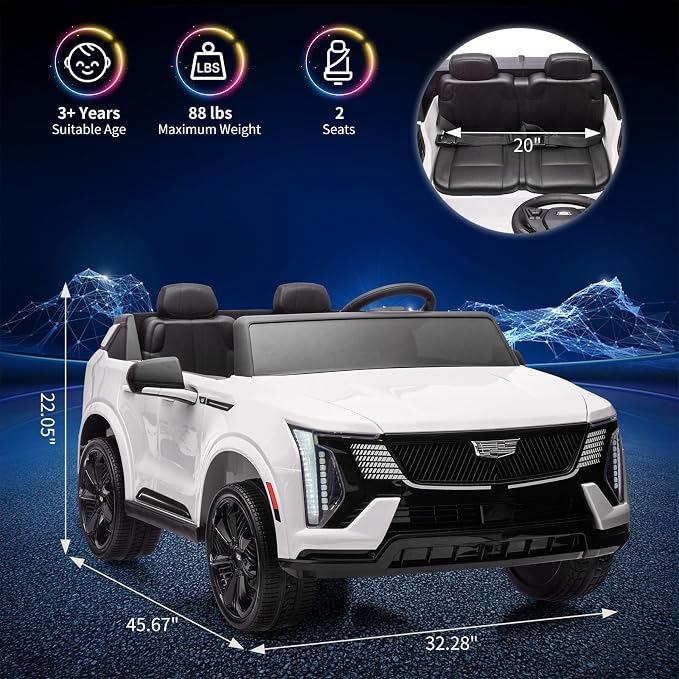 GarveeLife 24V 2 Seater Kids Ride On Car Licensed Cadillac Electric Car Toy for Toddlers Battery Powered Ride On Truck with 2.4G Remote Control, Spring Suspension, Music, LED Lights, White